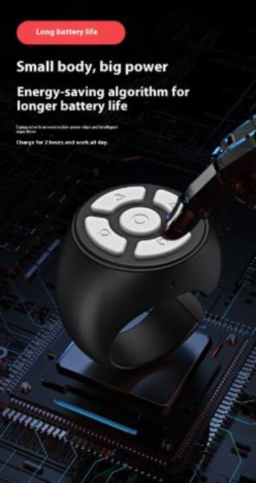Wearable Bluetooth selfie ring remote on a white background.